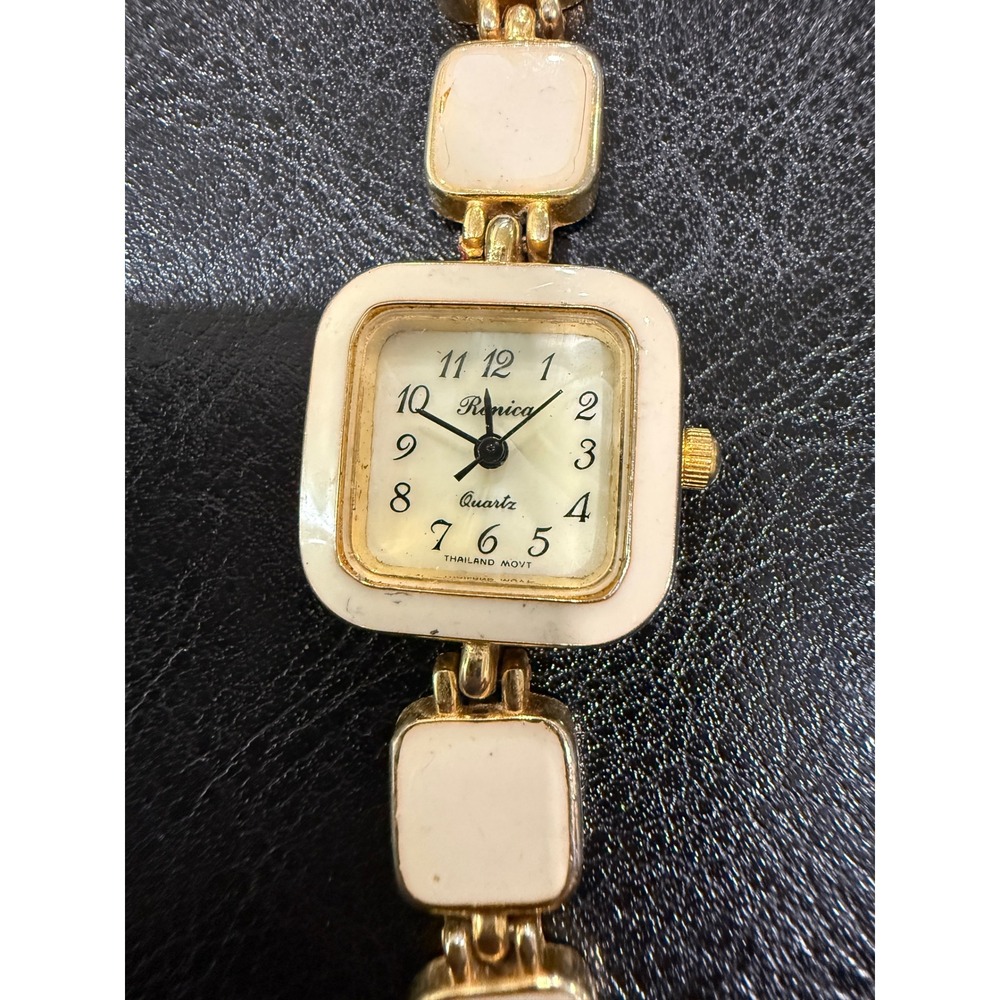 Renica Quartz Watch Womens Square Gold Tone‎ Cream Enamel Link Bracelet Thailand